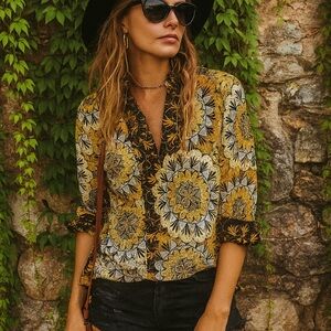 INDIGO PALMS Silk God and Black Mandala Tunic, S